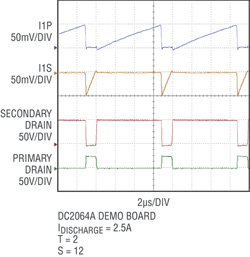 Figure 5. Demonstration circuit DC2064A typical discharge mode waveforms for a 2,5 A balance current.